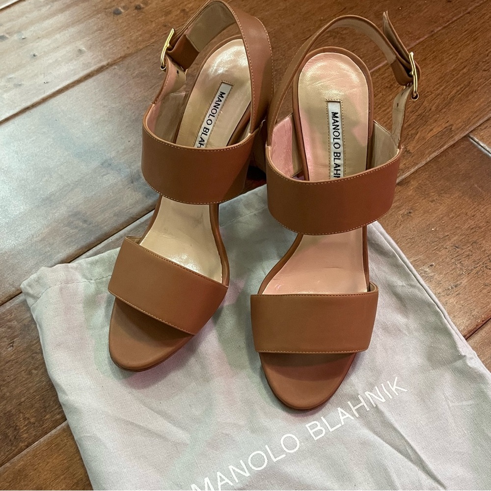New Manolo Blahnik Kahn chunky heel sandals 38.5 euro brown leather